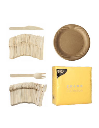 Set wegwerpservies kraft - 50 kartonnen borden, houten bestek en gele servetten 32x32cm