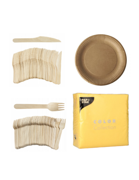Set wegwerpservies kraft - 50 kartonnen borden, houten bestek en gele servetten 32x32cm