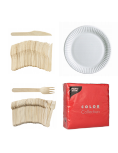 Set wegwerpservies wit - 50 kartonnen borden, houten bestek en rode servetten 32x32cm