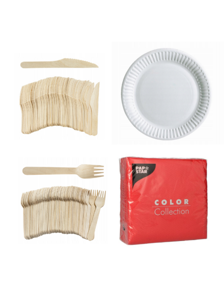 Set wegwerpservies wit - 50 kartonnen borden, houten bestek en rode servetten 32x32cm