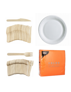 Set wegwerpservies wit - 50 kartonnen borden, houten bestek en oranje servetten 32x32cm