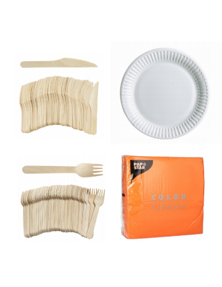 Set wegwerpservies wit - 50 kartonnen borden, houten bestek en oranje servetten 32x32cm