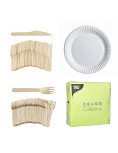 Set wegwerpservies wit - 50 kartonnen borden, houten bestek en lichtgroene servetten 32x32cm