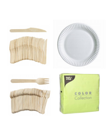 Set wegwerpservies wit - 50 kartonnen borden, houten bestek en lichtgroene servetten 32x32cm