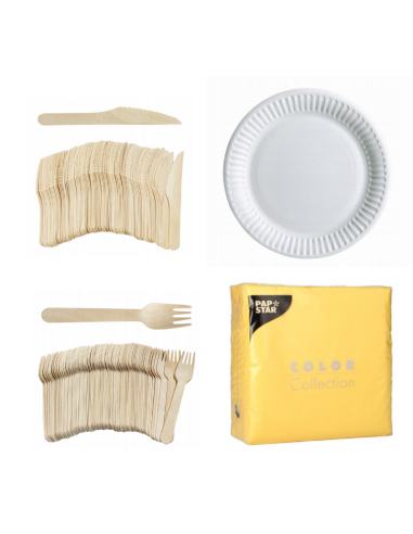 Set wegwerpservies wit - 50 kartonnen borden, houten bestek en gele servetten 32x32cm