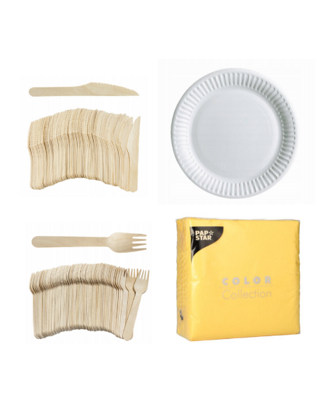 Set de vaisselle jetable blanc - 50 assiettes en carton, couverts en bois et serviettes jaunes 32x32cm
