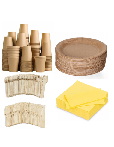 Set wegwerpservies kraft - 50 kartonnen borden, bekers, houten bestek en gele servetten 32x32cm