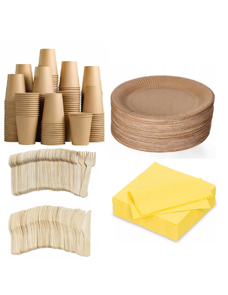 Set wegwerpservies kraft - 50 kartonnen borden, bekers, houten bestek en gele servetten 32x32cm