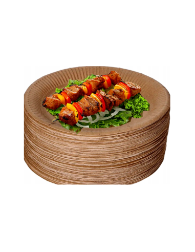 Set wegwerpservies kraft - 50 kartonnen borden, bekers, houten bestek en gele servetten 32x32cm