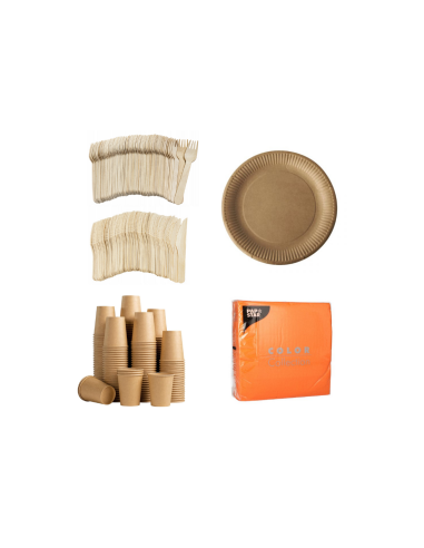 Set wegwerpservies kraft - 50 kartonnen borden, bekers, houten bestek en gele servetten 32x32cm