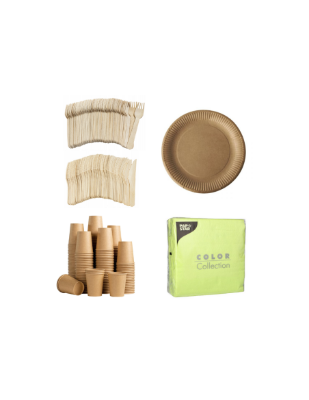 Set wegwerpservies kraft - 50 kartonnen borden, bekers, houten bestek en gele servetten 32x32cm