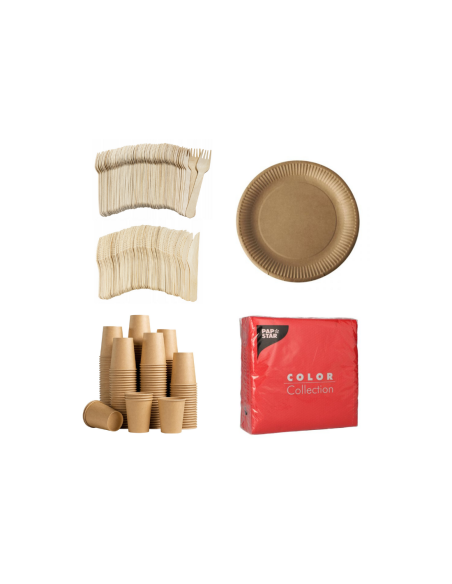 Set wegwerpservies kraft - 50 kartonnen borden, bekers, houten bestek en gele servetten 32x32cm