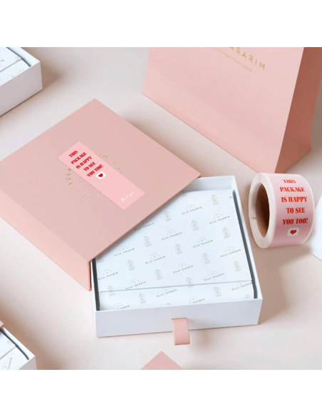 100 Etiquettes blanches en rouleau "This package is happy to see yo...