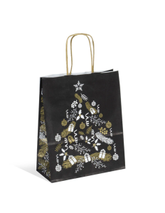 Sacs en Papier Kraft Noir 18x8x22cm avec poignées "Sapin" - Motif de Noël