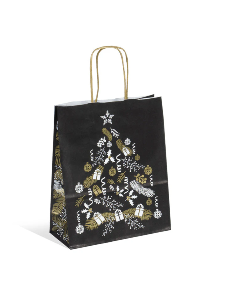 Sacs en Papier Kraft Noir 18x8x22cm avec poignées "Sapin" - Motif de Noël