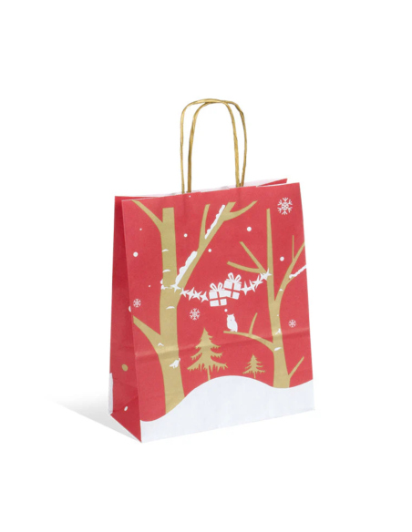 Sacs en Papier Kraft rouge 18x8x22cm avec poignées "Noel rouge" - Motif de Noël