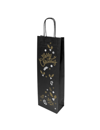 Sacs kraft pour 1 bouteille / vin 14+8x39cm en papier kraft noir "Merry Christmas"