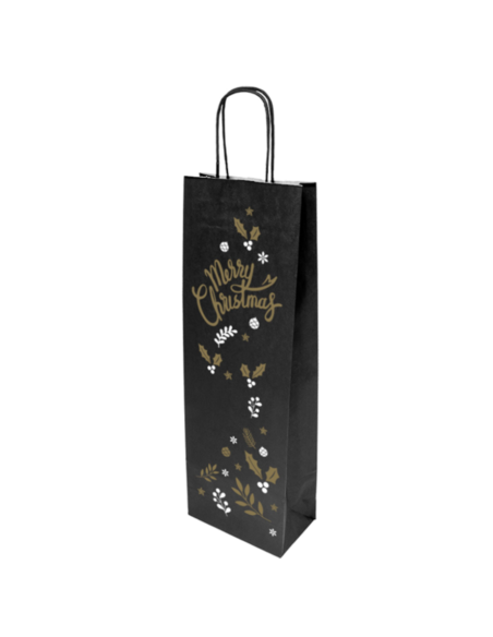 Sacs kraft pour 1 bouteille / vin 14+8x39cm en papier kraft noir "Merry Christmas"