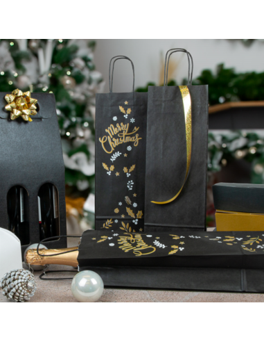 Sacs kraft pour 1 bouteille / vin 14+8x39cm en papier kraft noir  -...