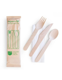 50 x set de couverts jetables en bois fourchette couteau cuillère et serviette vaisselle jetable