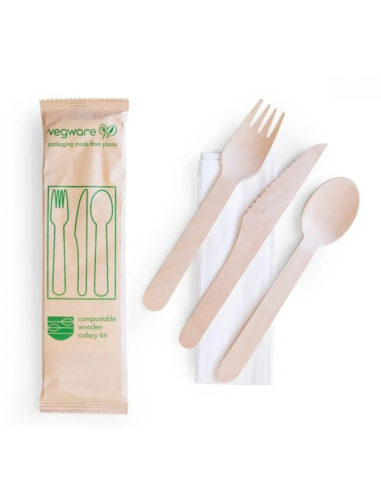 50 x set van wegwerp houten bestek vork, mes, lepel en servet