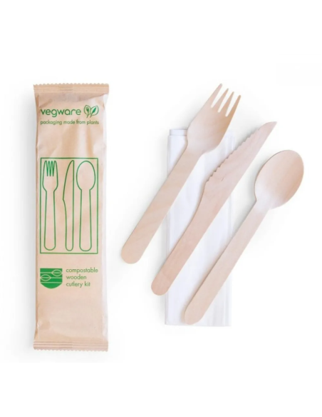 50 x set van wegwerp houten bestek vork, mes, lepel en servet