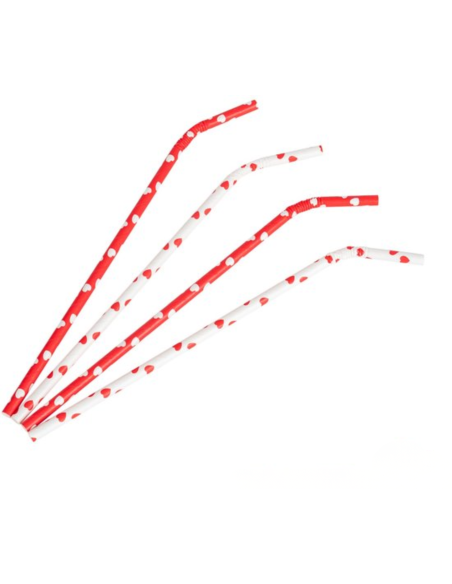 Pailles papier BIO flexibles cœurs blanc/rouge 6x240 mm – 100 pcs
