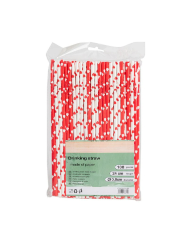 Pailles papier BIO flexibles cœurs blanc/rouge 6x240 mm – 100 pcs