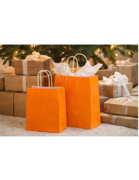 Sacs cadeaux en papier kraft orange avec poignées torsadées 22x10x28 cm