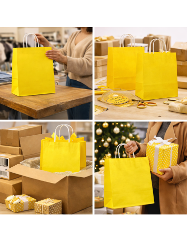 Sacs cadeaux en papier kraft jaune avec poignées torsadées 22x10x28 cm