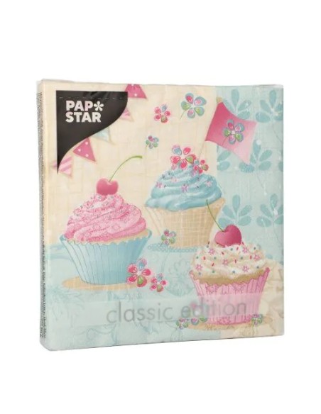 Serviettes 3 plis 1/4 33×33 cm « Cupcakes d’anniversaire » FSC – Paquet de 20