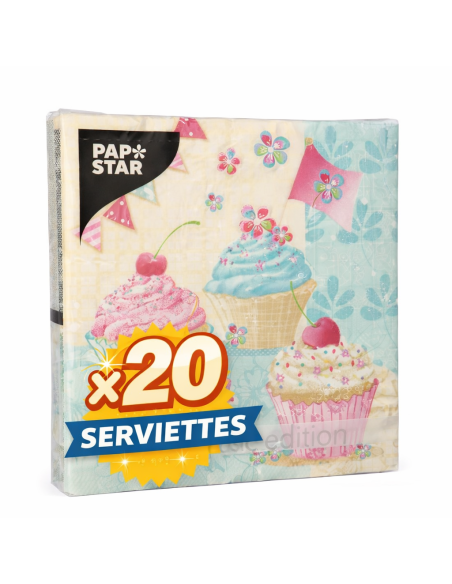 Serviettes 3 plis 1/4 33×33 cm « Cupcakes d’anniversaire » FSC – Paquet de 20