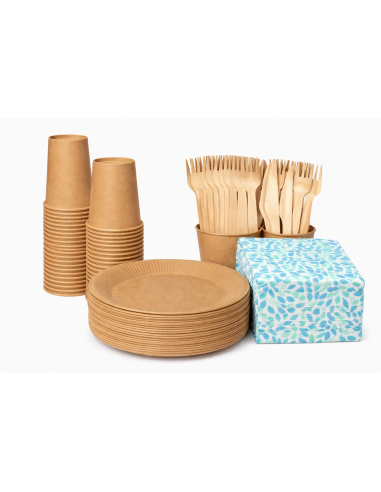 Wegwerpservies set - 20 borden, bekers, houten bestek en servetten
