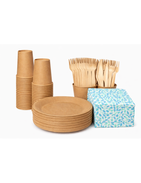 Wegwerpservies set - 20 borden, bekers, houten bestek en servetten
