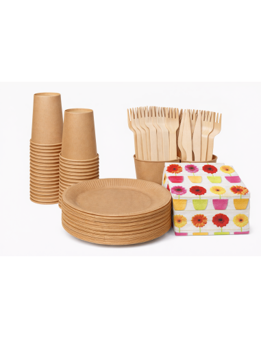 Wegwerpservies set - 20 borden, bekers, houten bestek en servetten