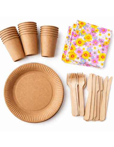 Wegwerpservies set - 20 borden, bekers, houten bestek en servetten