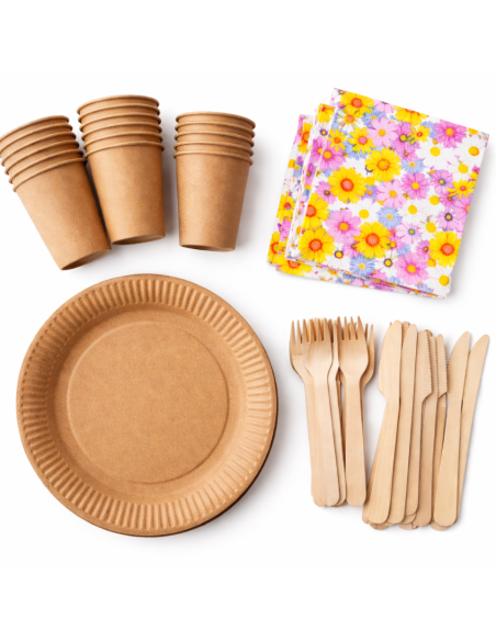 Wegwerpservies set - 20 borden, bekers, houten bestek en servetten