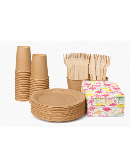 Wegwerpservies set - 20 borden, bekers, houten bestek en servetten