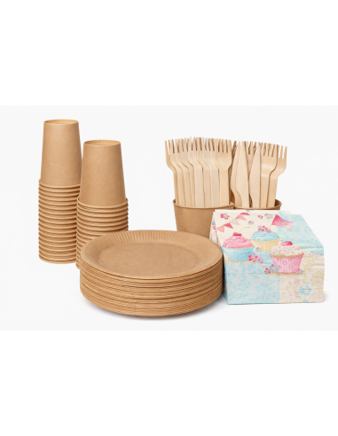Wegwerpservies set - 20 borden, bekers, houten bestek en servetten