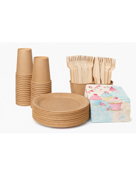 Wegwerpservies set - 20 borden, bekers, houten bestek en servetten