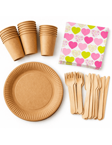 Wegwerpservies set - 20 borden, bekers, houten bestek en servetten