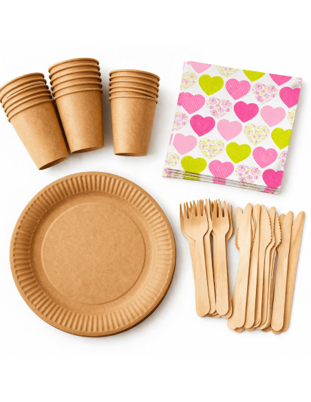 Wegwerpservies set - 20 borden, bekers, houten bestek en servetten