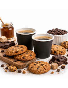 Zwarte kartonnen espressobekers gevuld met koffie, met koekjes en koffiebonen