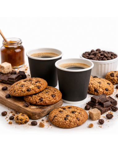 Gobelets à espresso en carton noirs remplis de café, avec cookies et grains de café