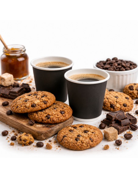 Zwarte kartonnen espressobekers gevuld met koffie, met koekjes en koffiebonen