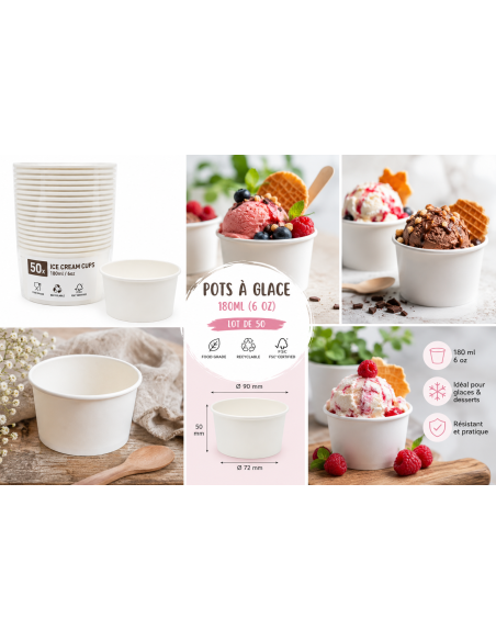 Gobelets à glace carton blanc 180 ml Ø90 mm - Lot de 50