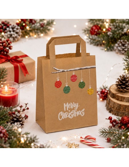 Sac cadeau kraft Noël avec boules de Noël