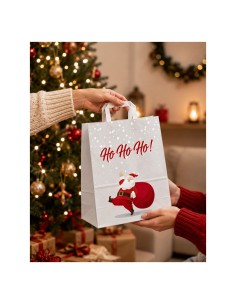 Sac papier kraft blanc Père Noël « Ho Ho Ho! » à poignées plates, 18 x 8 x 22 cm 2