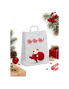 Witte kraftpapieren draagtas Kerstman « Ho Ho Ho! » met platte handvatten, 18 x 8 x 22 cm