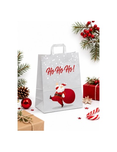 Witte kraftpapieren draagtas Kerstman « Ho Ho Ho! » met platte handvatten, 18 x 8 x 22 cm